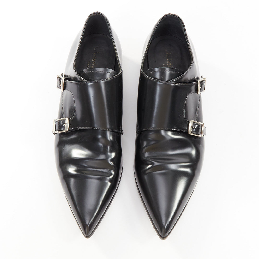 CHRISTIAN DIOR Swing black calfskin leather double buckle monk shoes EU37.5D
