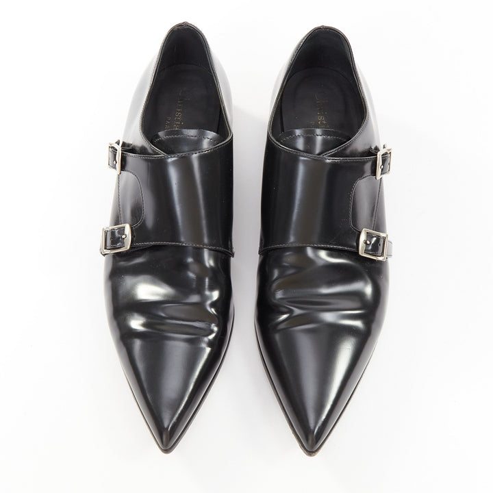 CHRISTIAN DIOR Swing black calfskin leather double buckle monk shoes EU37.5D