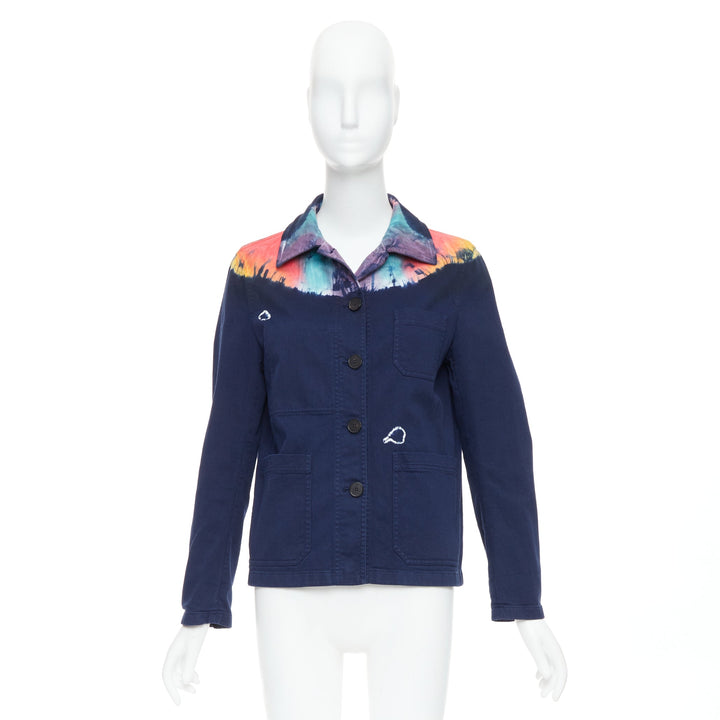 CHRISTIAN DIOR 2021 rainbow tie dye blue cotton cropped jacket FR40 L