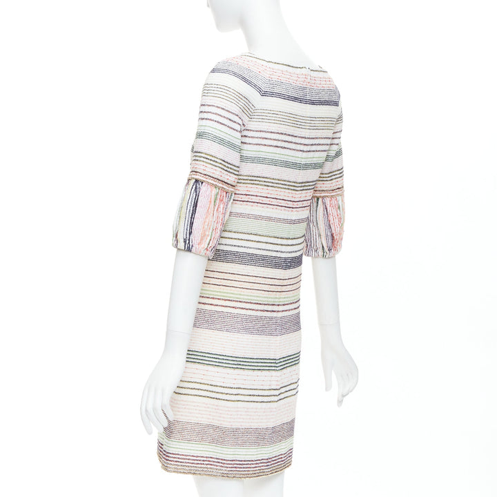 CHANEL 07A Runway white multicolor tweed chain trimmed sleeve dress FR36 S