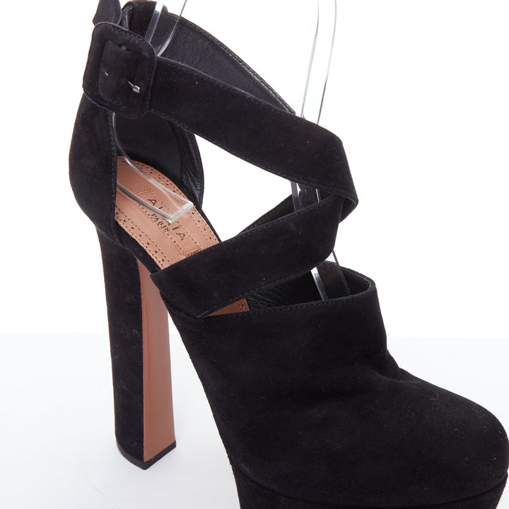 ALAIA black suede wrap strap sky high block platform heels EU38