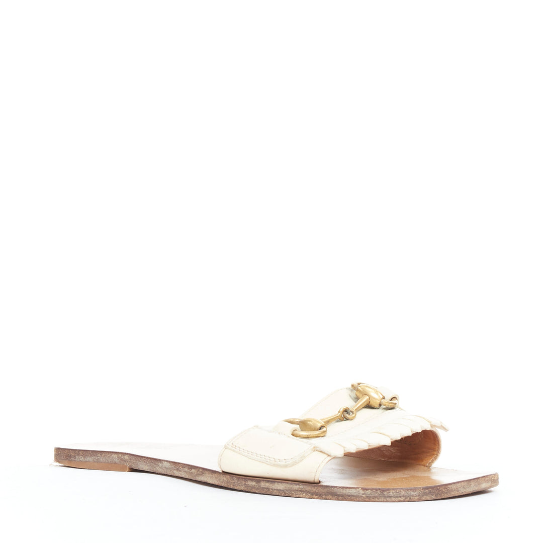 GUCCI Varadero cream gold horsebit fringe flat slipper shoes EU36.5