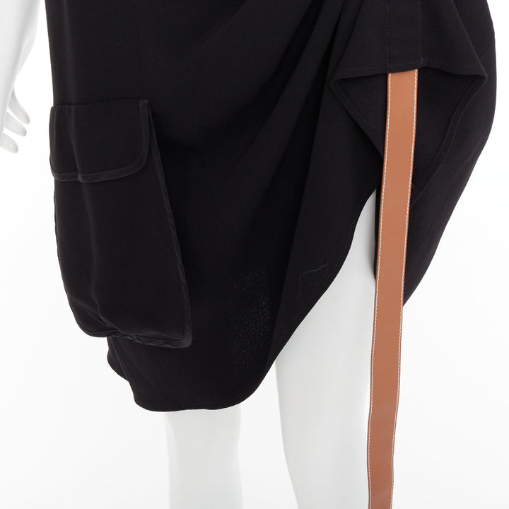 LOEWE black crepe brown anagram leather gathered side dress XS