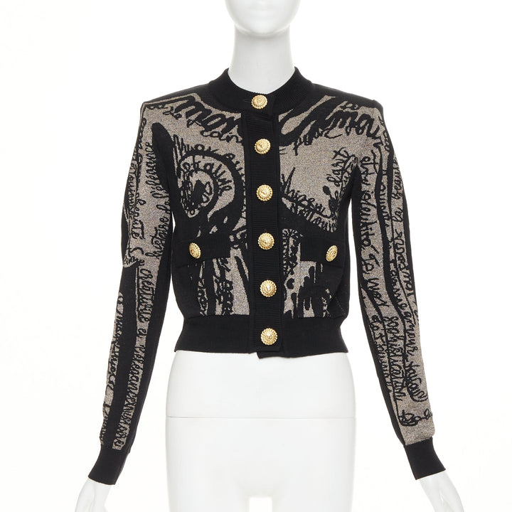 BALMAIN black bronze wool blend metallic scribble jacquard cardigan FR34 XS