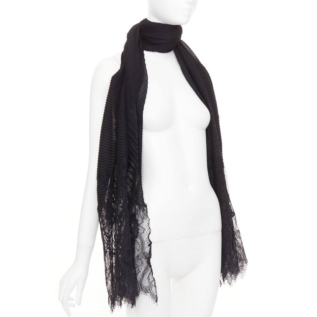 VALENTINO black cashmere bend pleated delicate floral lace trim long scarf
