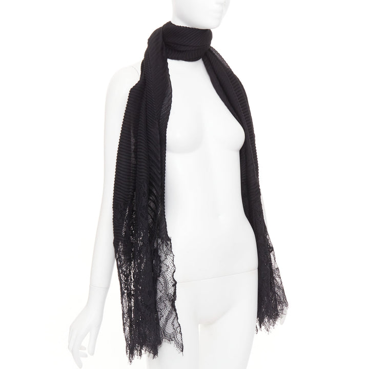 VALENTINO black cashmere bend pleated delicate floral lace trim long scarf