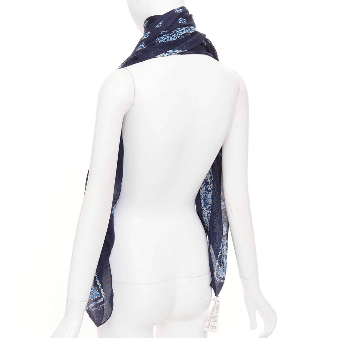 SAINT LAURENT 2016 Runway Surf Sound navy blue paisley cashmere silk wrap scarf
