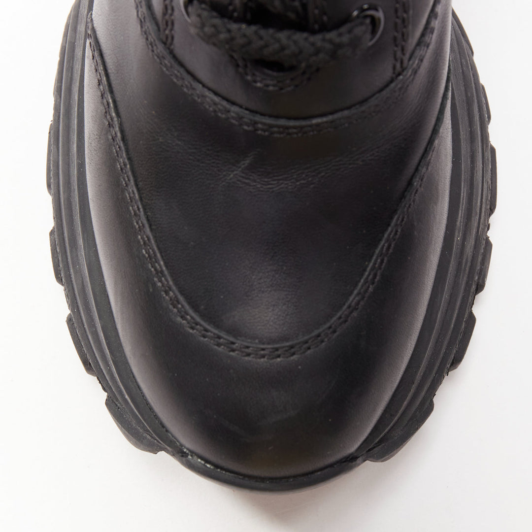 MIU MIU Runway black leather logo lace up chunky wedged military boots EU39