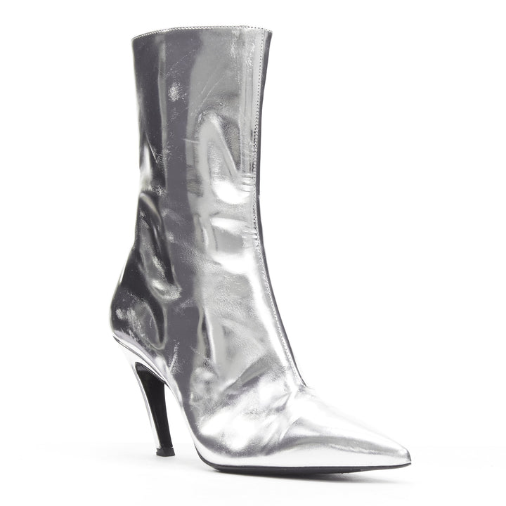 BALENCIAGA Demna silver metallic mirrored leather high ankle boots EU38