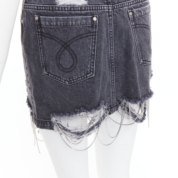 MARK GONG grey denim distressed beaded fringe mini skirt IT36 XXS