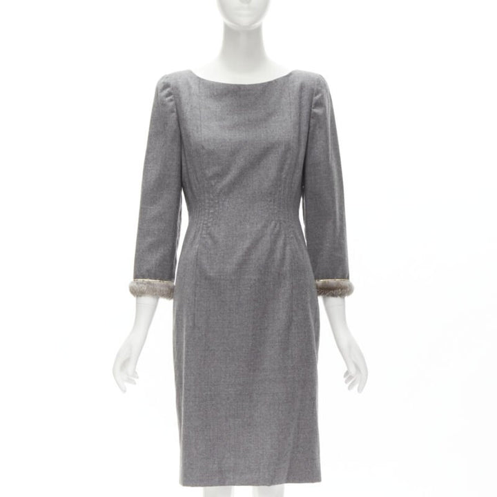 VALENTINO Vintage grey wool cashmere fur cuff pinched waist dress US8 M