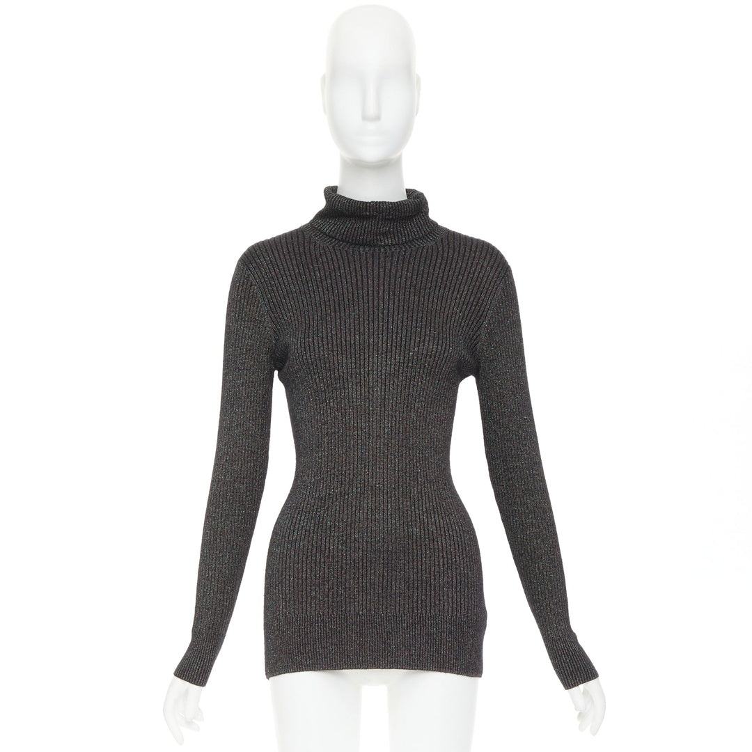 DRIES VAN NOTEN metallic green lurex viscose blend ribbed turtleneck sweater M