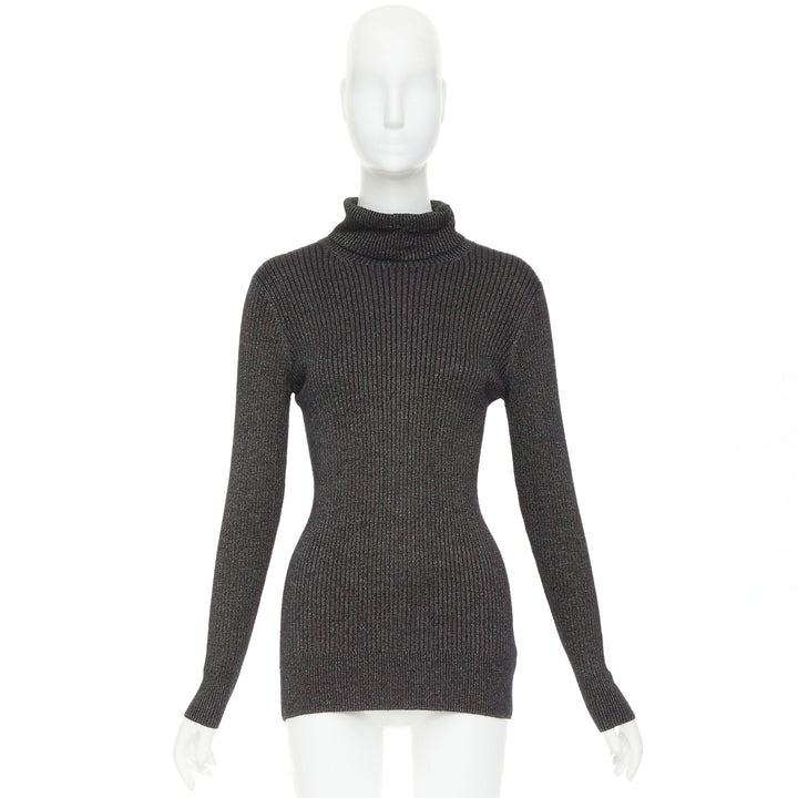 DRIES VAN NOTEN metallic green lurex viscose blend ribbed turtleneck sweater M