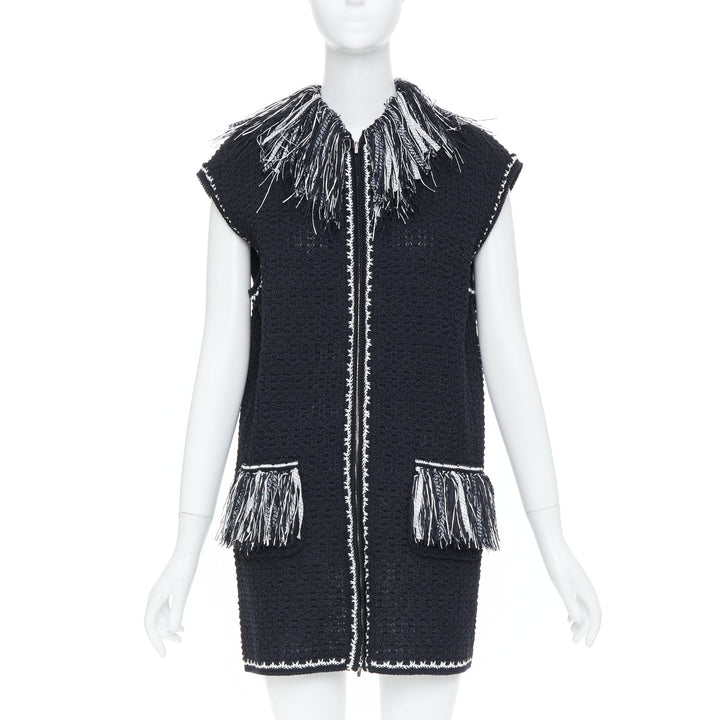 CHANEL 17P Runway ribbon trim fringe tweed sleeveless gilet vest jacket FR38 M
