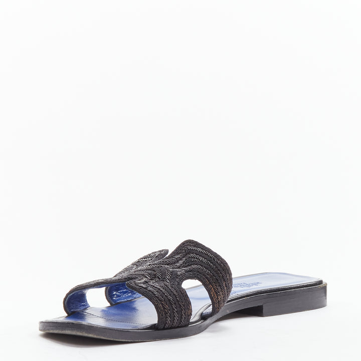 HERMES Oran H logo iconic black beaded blue insole sandals shoes EU 37