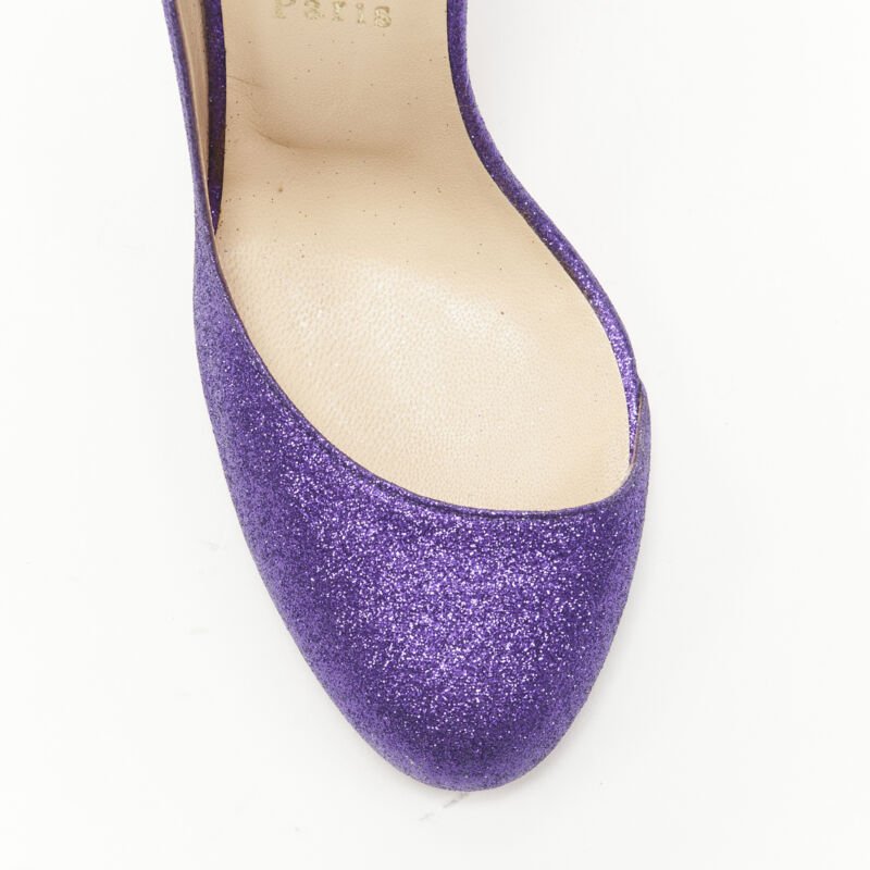 Female mannequin wearing Christian Louboutin Helmour purple glitter Purple Leather Women Heels in Size EU37.5 | Available at JHROP