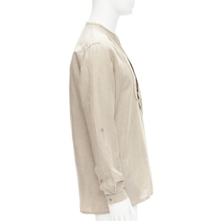 FENDI beige linen cotton raw frayed half button long sleeve shirt EU40 L