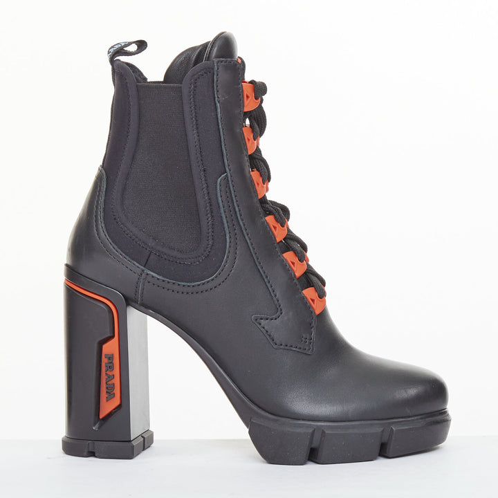 PRADA 2018 Runway black leather neoprene orange accent chunky heel boots EU37