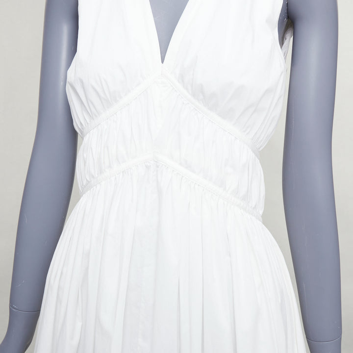 BRUNELLO CUCINELLI white cotton ruched sleeveless plunge maxi dress XS