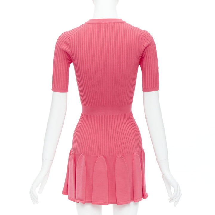 BALMAIN coral pink  keyhole neck ribbed flutter skirt mini dress FR34 XS