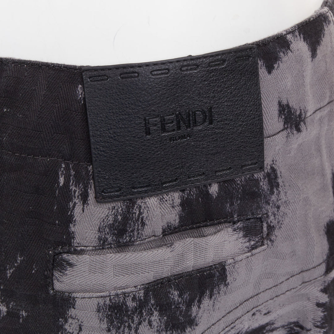 FENDI Five-Pocket black grey cotton FF Monogram tie dye denim flared skirt IT42