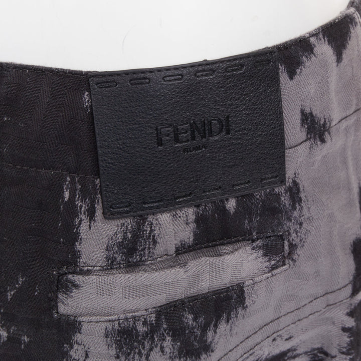 FENDI Five-Pocket black grey cotton FF Monogram tie dye denim flared skirt IT42