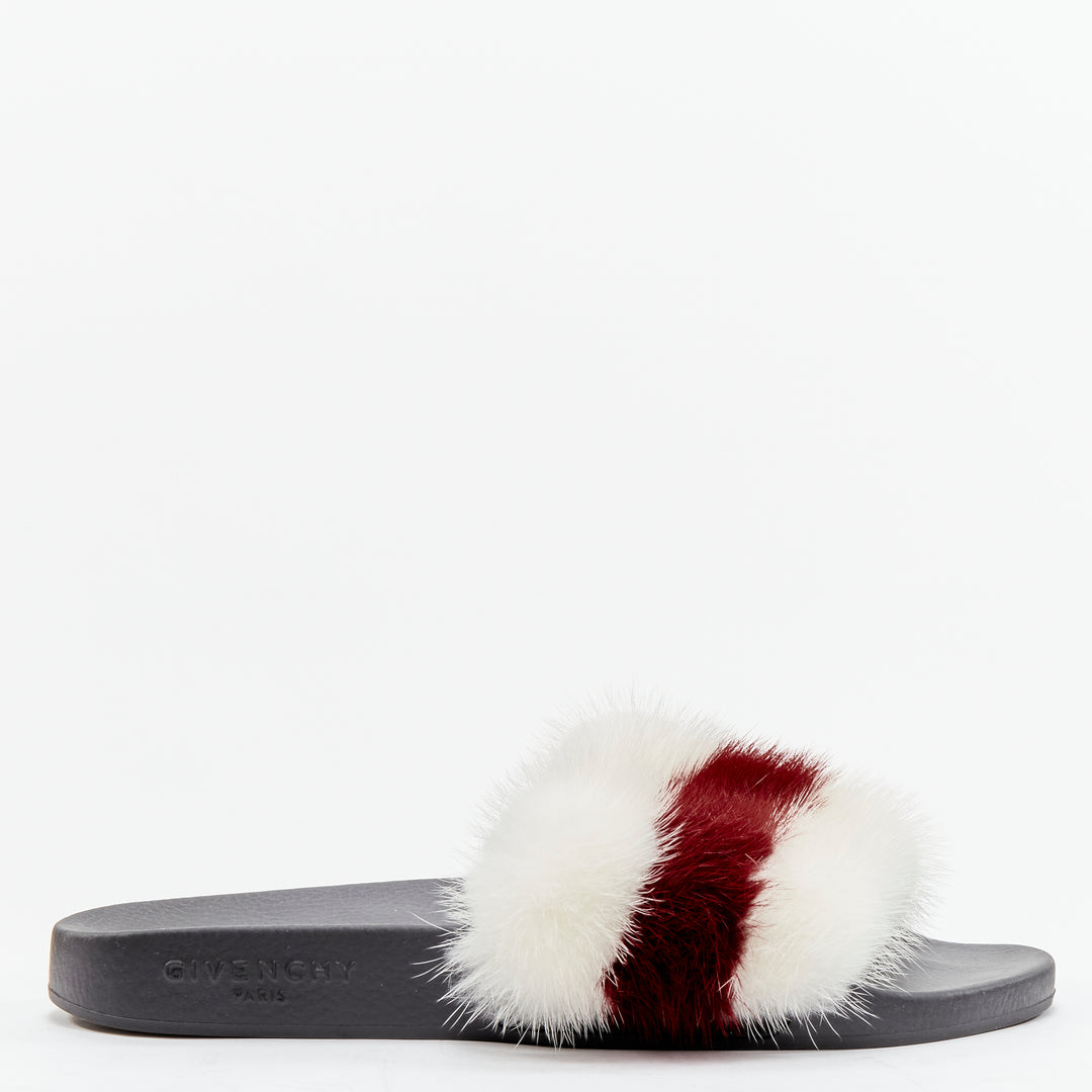 GIVENCHY Tisci fox fur red white stripes debossed logo black pool slides EU38