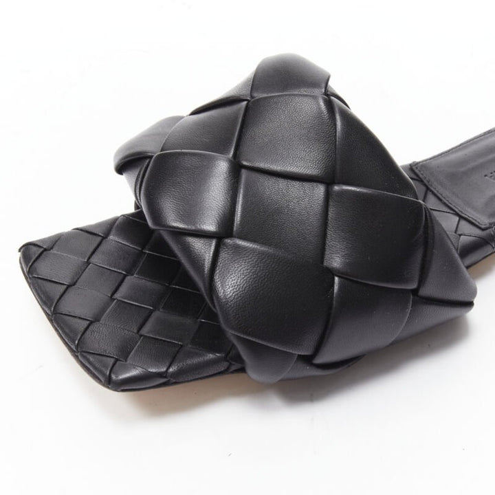 BOTTEGA VENETA Lido black padded Intrecciato woven square toe slides EU38.5