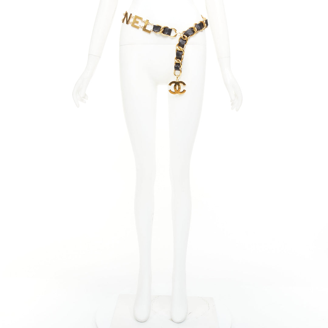 rare CHANEL 1993 Vintage Spell Out logo black leather interwoven gold chain belt