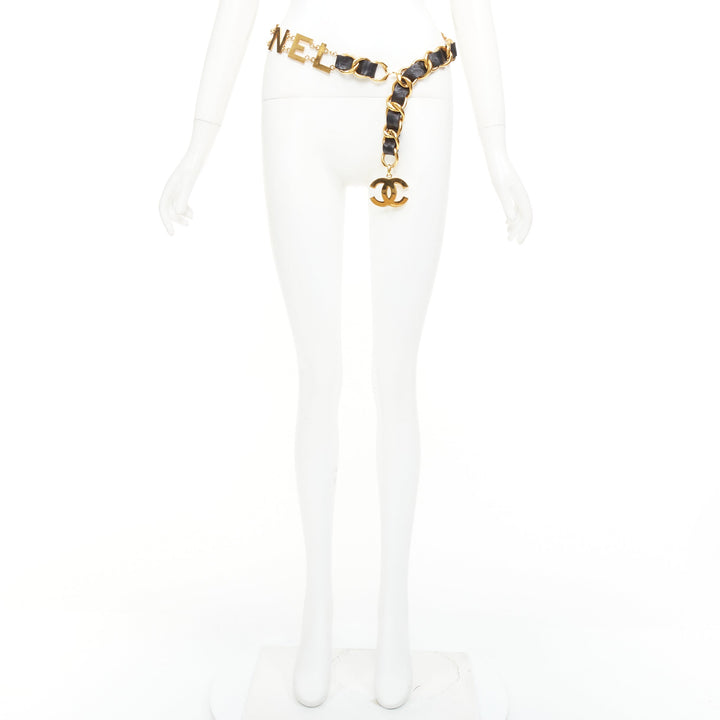 rare CHANEL 1993 Vintage Spell Out logo black leather interwoven gold chain belt