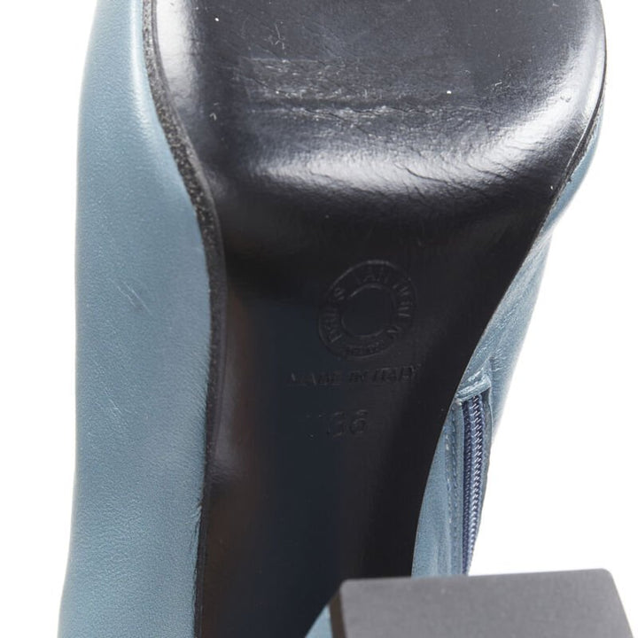 Female mannequin wearing Dries Van Noten Runway Blue Leather Women Boots in Size EU36 | Available at JHROP