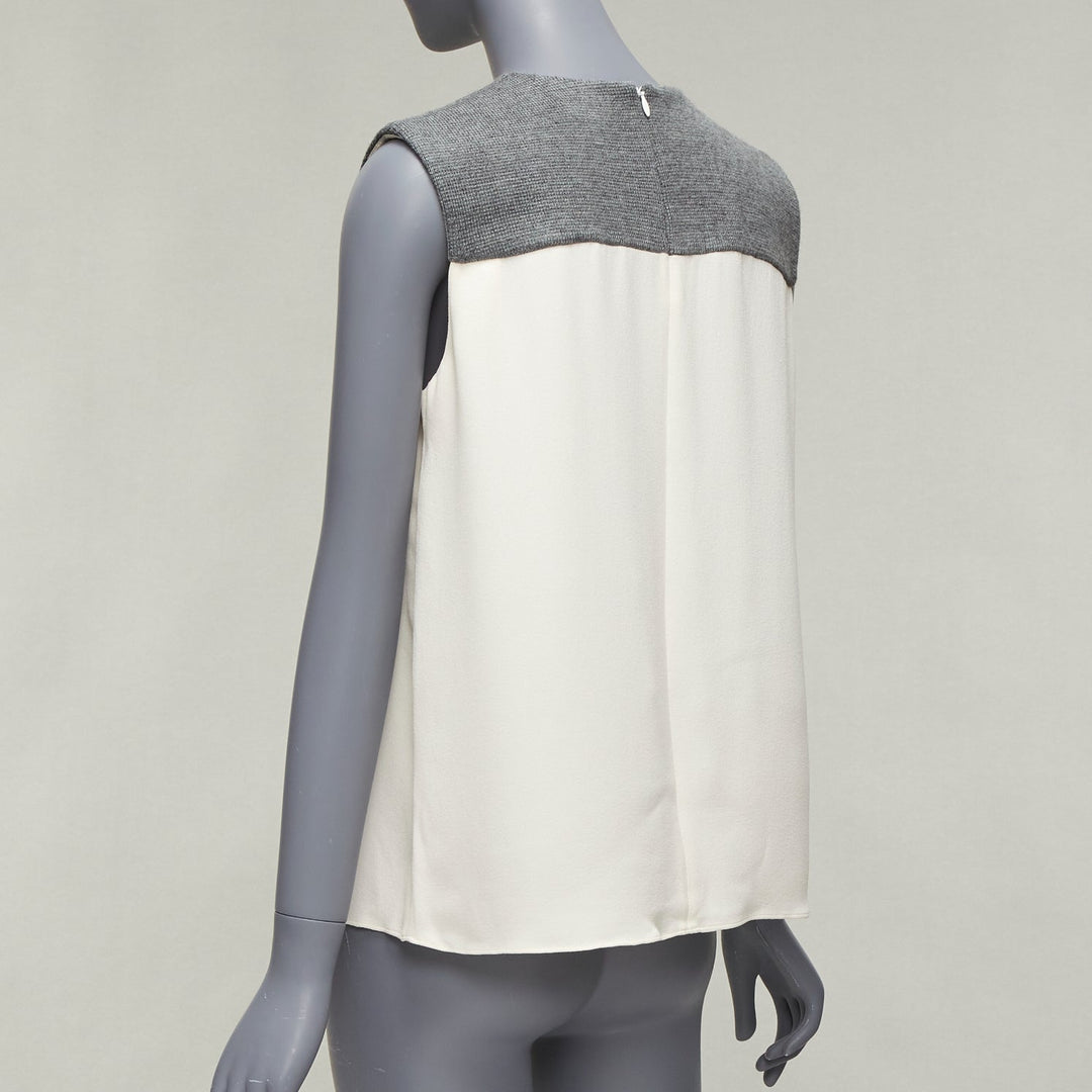 BALENCIAGA Silk 2014 cream silk crepe grey knitted yoke cut out blouse FR38 M