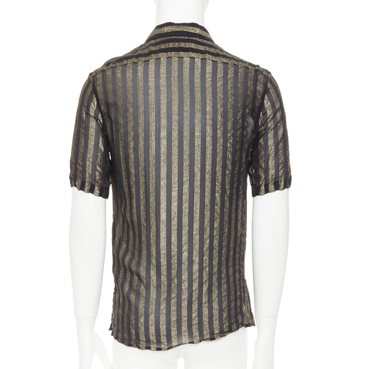 SAINT LAURENT 2019 Runway black gold metallic lurex striped sheer shirt EU38 S