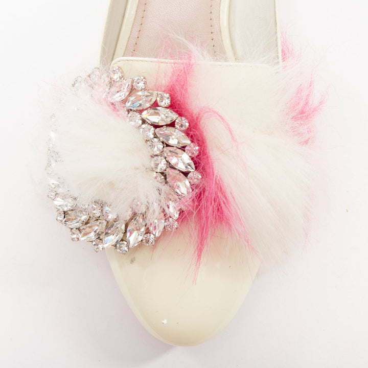 MIU MIU 2017 cream patent white pink faux fur buckle flats EU37.5