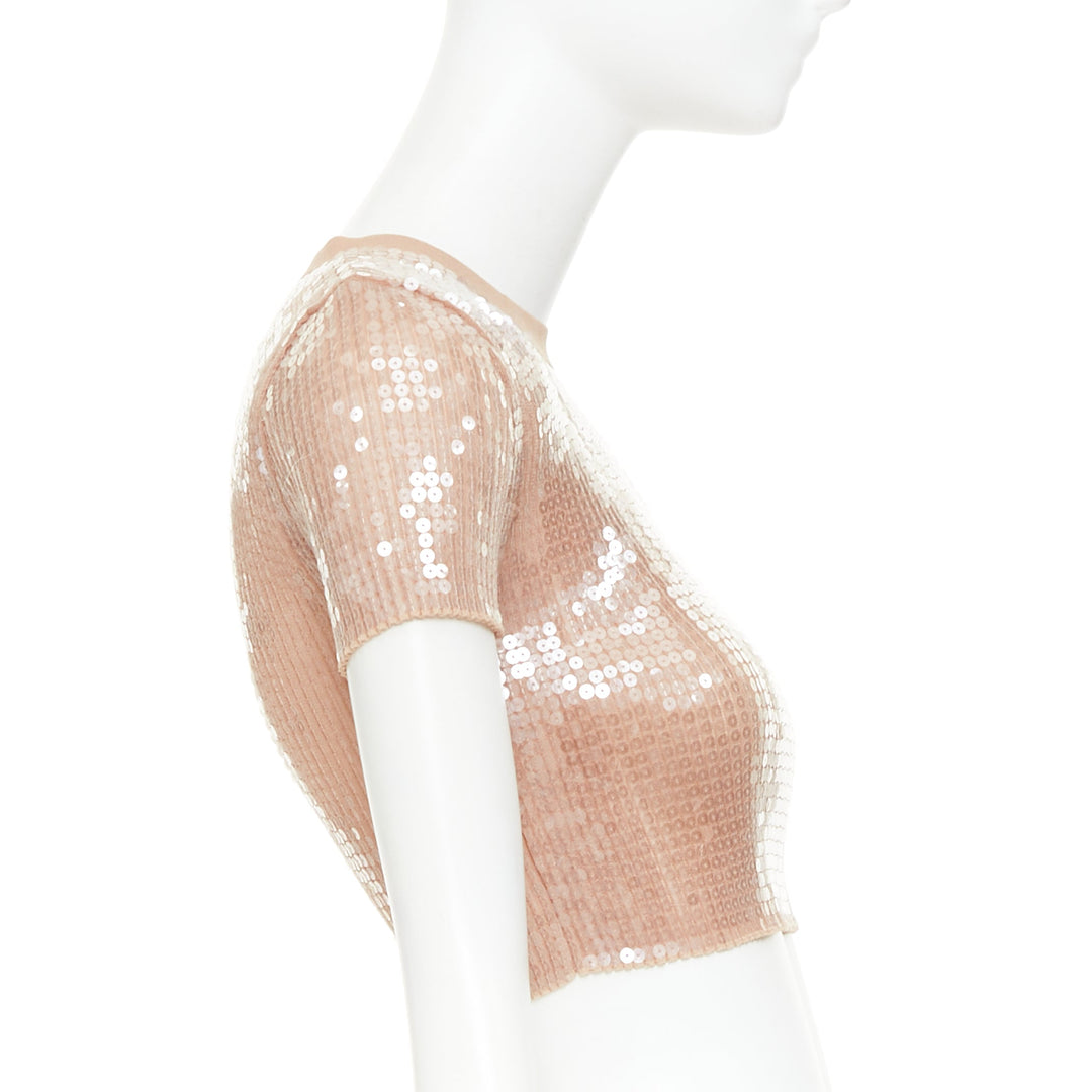 ALEXANDER WANG 2023 Sequin Ribbed nude beige clear sequins cropped sweater XS