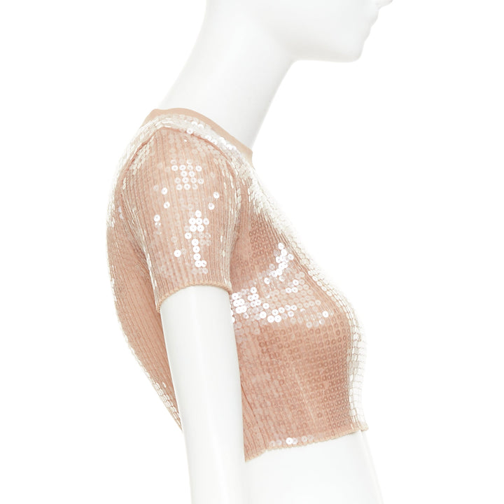 ALEXANDER WANG 2023 Sequin Ribbed nude beige clear sequins cropped sweater XS
