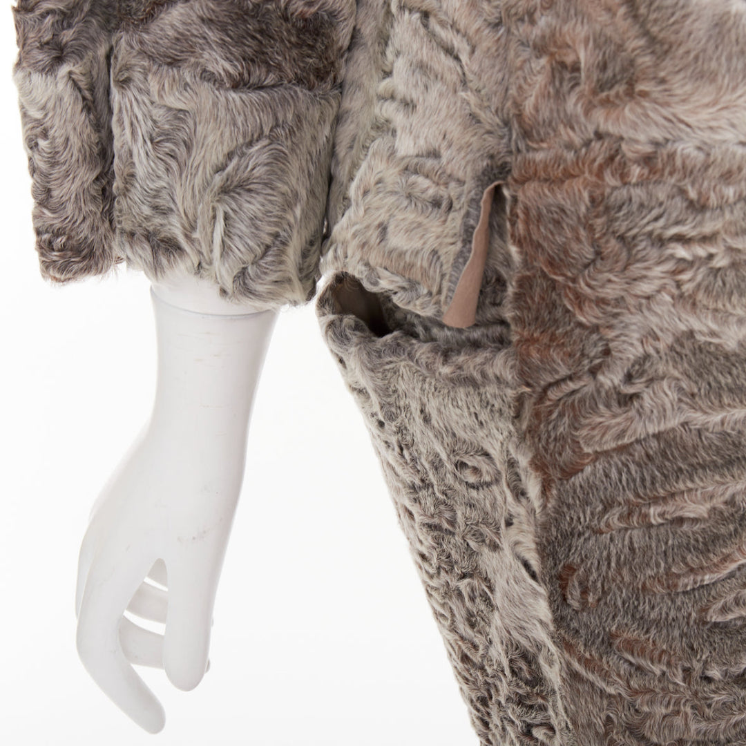 MARNI brown persian lamb astrakan fur cropped sleeve cocoon coat IT40 S