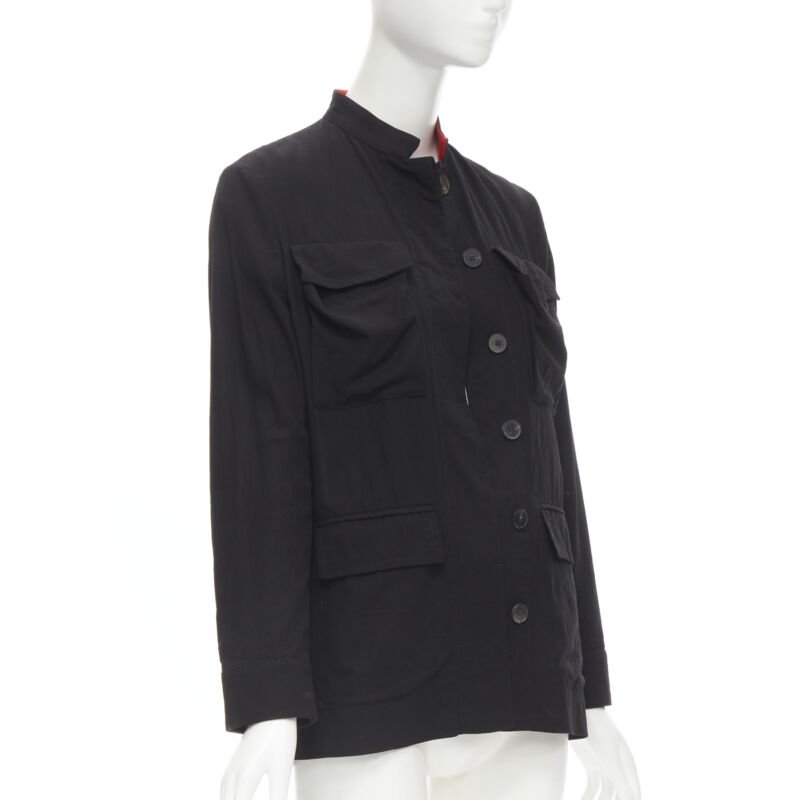 HAIDER ACKERMANN black cotton flap pockets red mandarin collar jacket FR34 XS