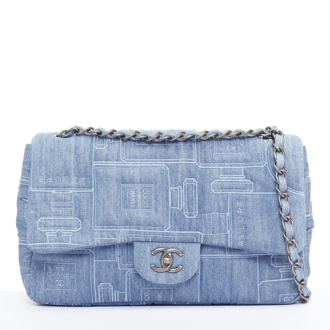 rare CHANEL 2016 Runway Perfume Bottle Embroidered Denim Jumbo Single Flap bag