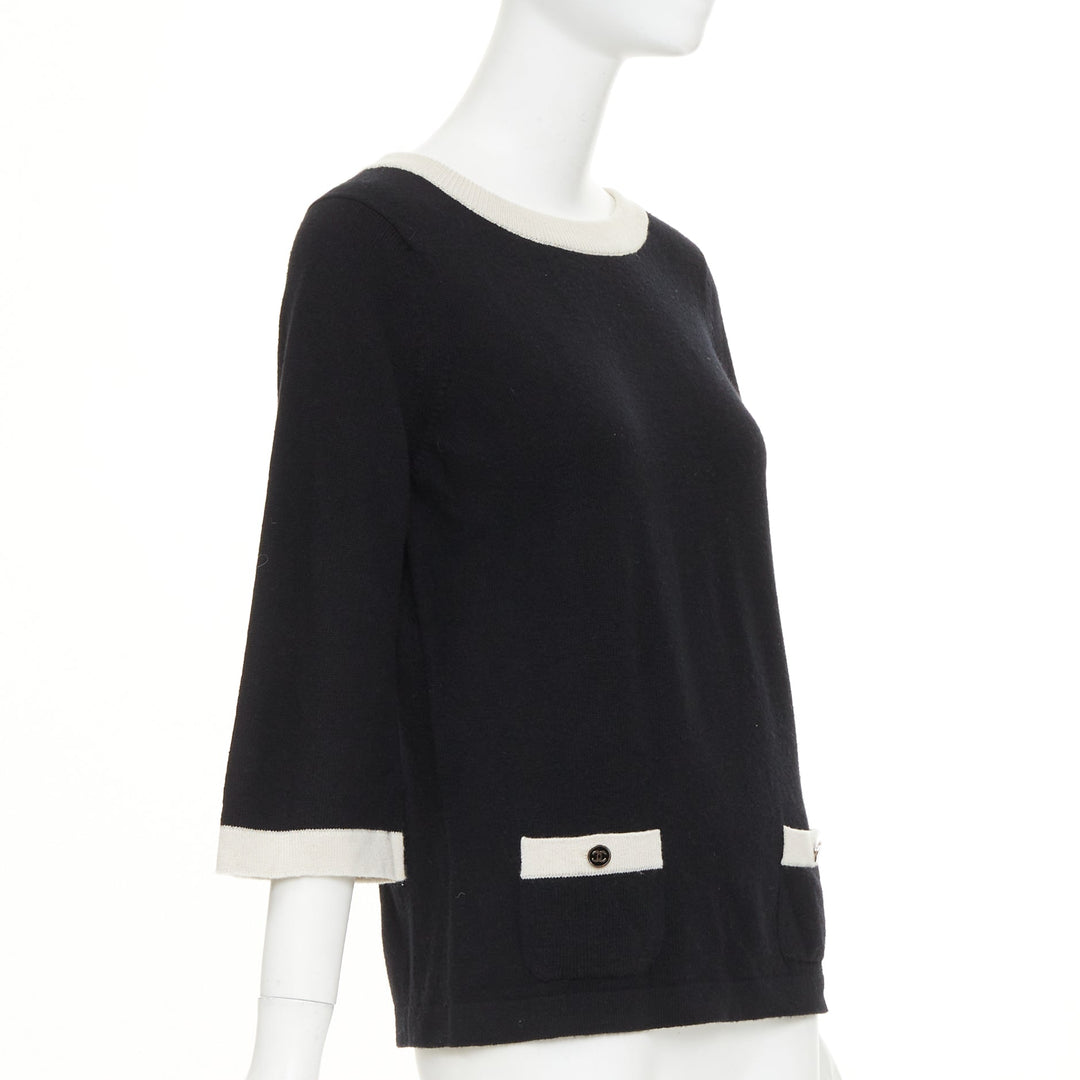 CHANEL black 100% cashmere white contrast trim CC button pocket pullover FR40 L