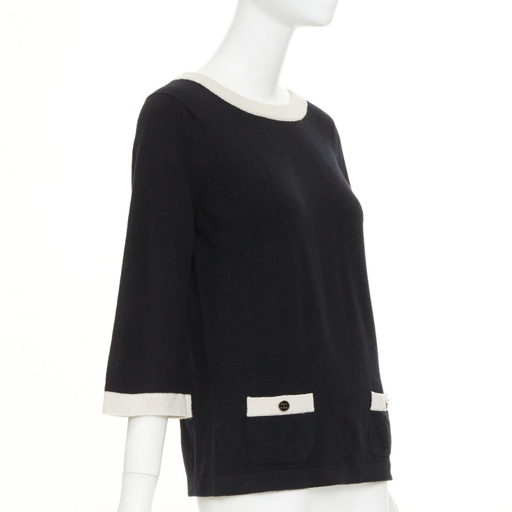 CHANEL black 100% cashmere white contrast trim CC button pocket pullover FR40 L