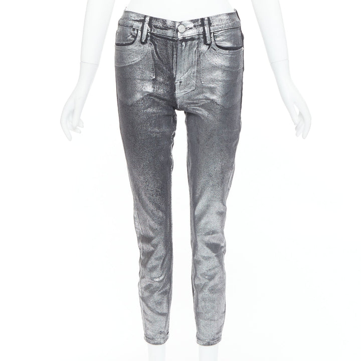 FRAME Le High Skinny Crop metallic silver coated pants 24"