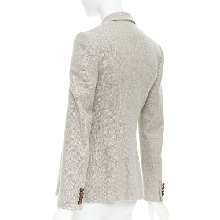 RALPH LAUREN Black Label grey merino wool herringbone leather button blazer US2