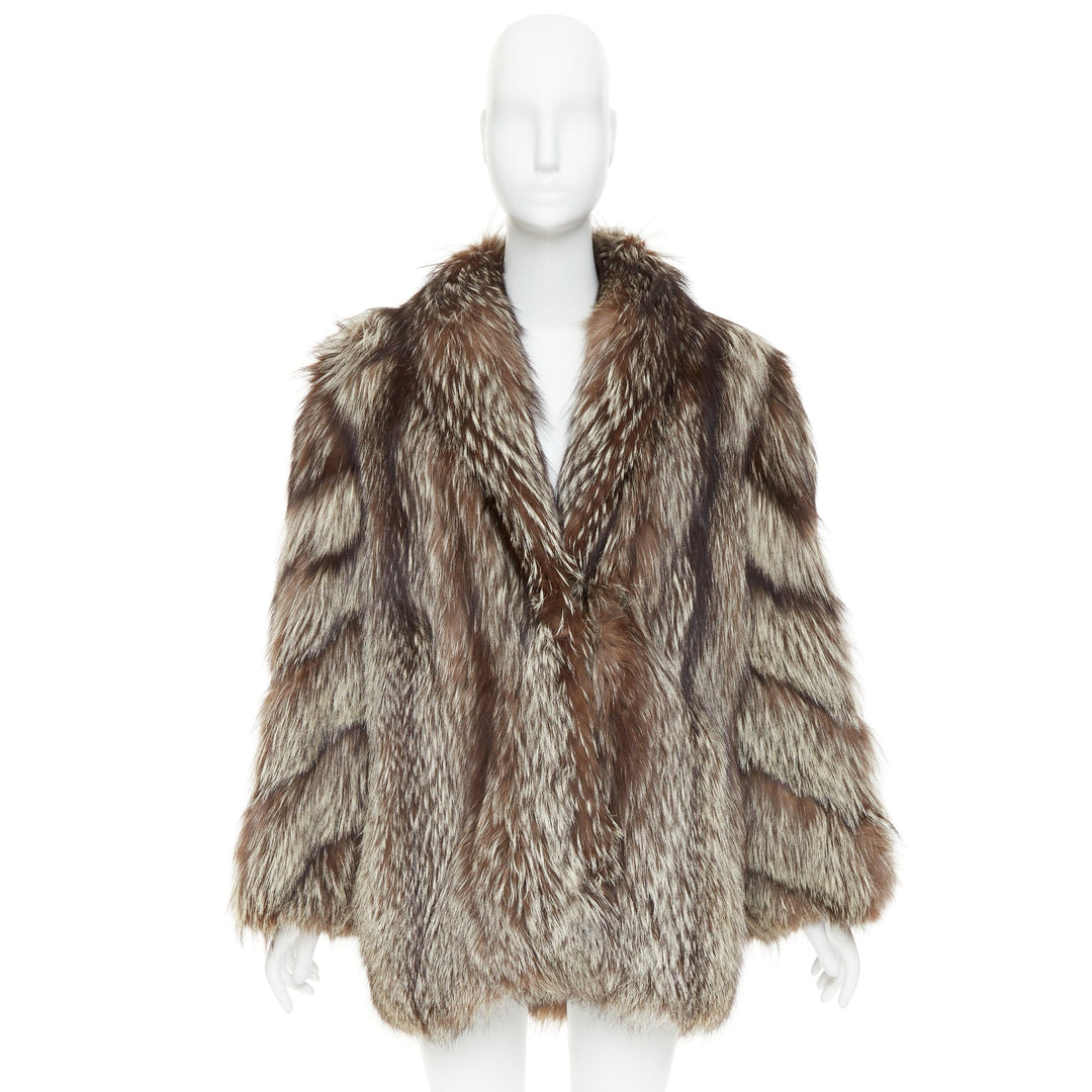 Natural Silver Fox brown oversized boxy shawl collar fur coat  Sz. 12 XL