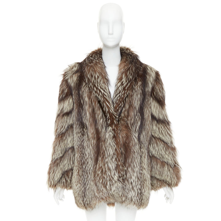 Natural Silver Fox brown oversized boxy shawl collar fur coat  Sz. 12 XL