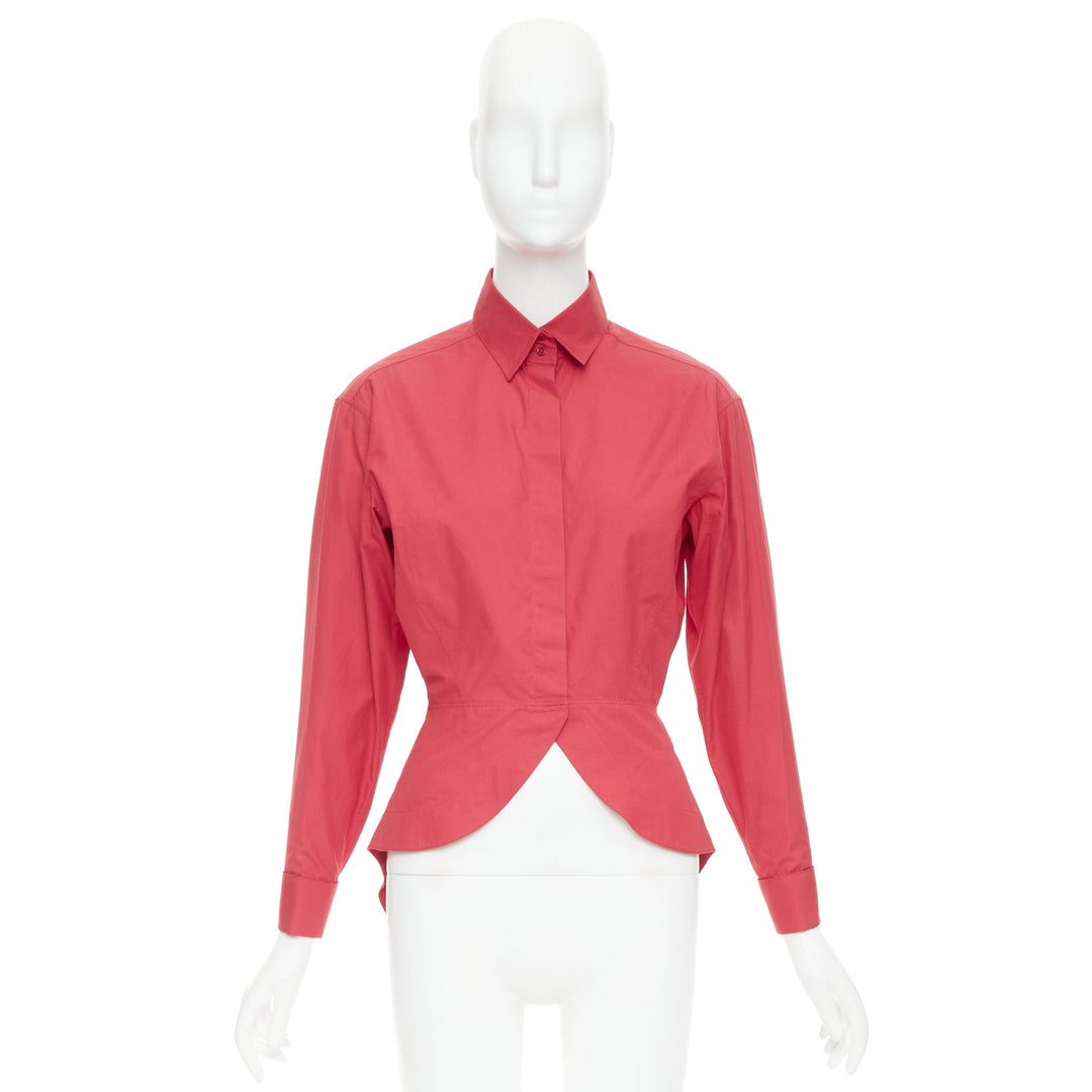 ALAIA red cotton curved tulip petal peplum  puff sleeves shirt FR36 S