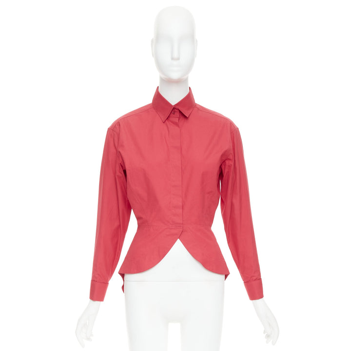 ALAIA red cotton curved tulip petal peplum  puff sleeves shirt FR36 S