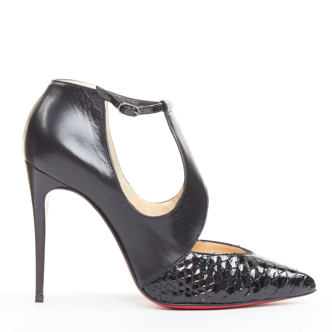 CHRISTIAN LOUBOUTIN Dictata 100 black polished scaled toe T-strap pumps EU37.5