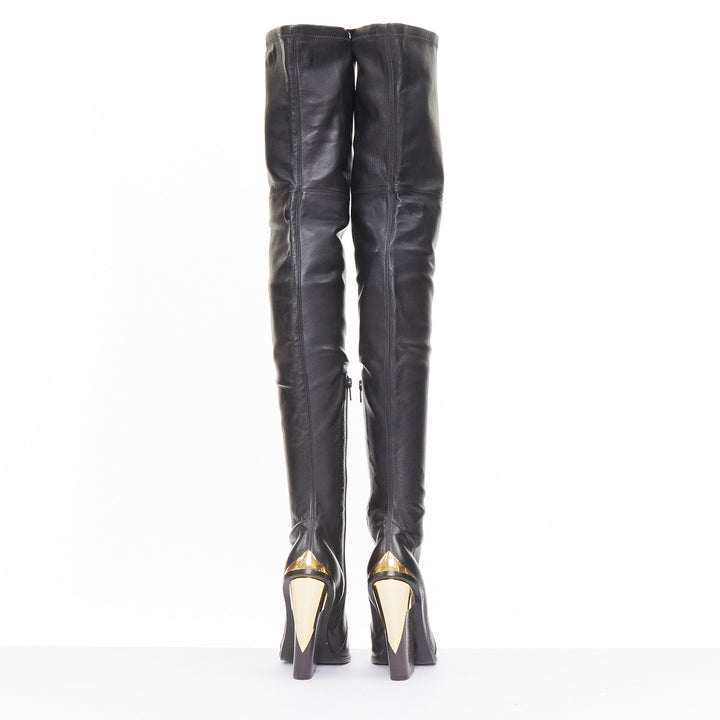 VERSACE 2014 Runway gold metal cap toe black leather thigh high boots EU37 US7
