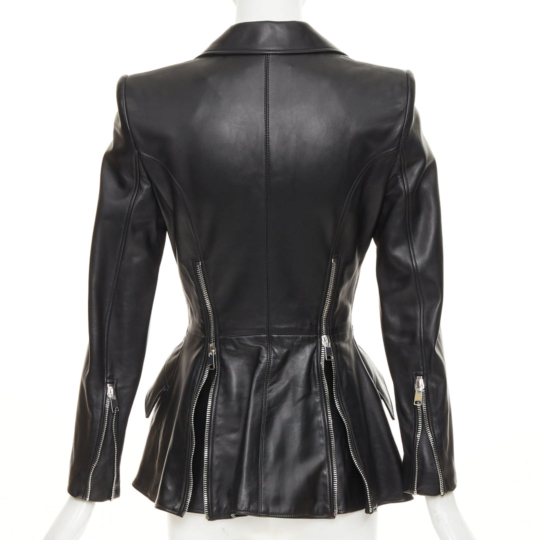ALEXANDER MCQUEEN 2021 Zip Detail Peplum black lambskin leather blazer IT40 S